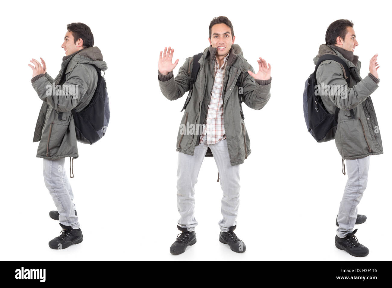 three perspectives of same man with backpack Stock Photo