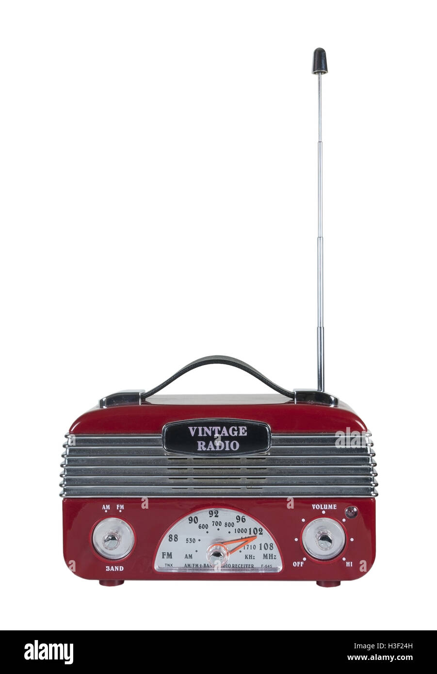 Red vintage radio with a retro tuner display on the front - path included Stock Photo