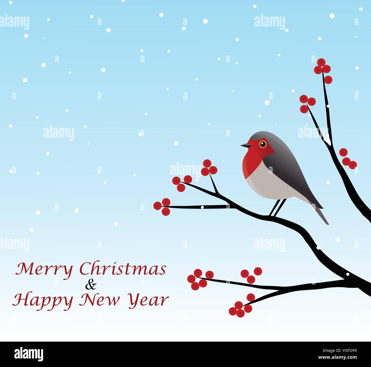 Christmas Greeting With Red Robin Sitting On Branch Vector Illustration Stock Vector