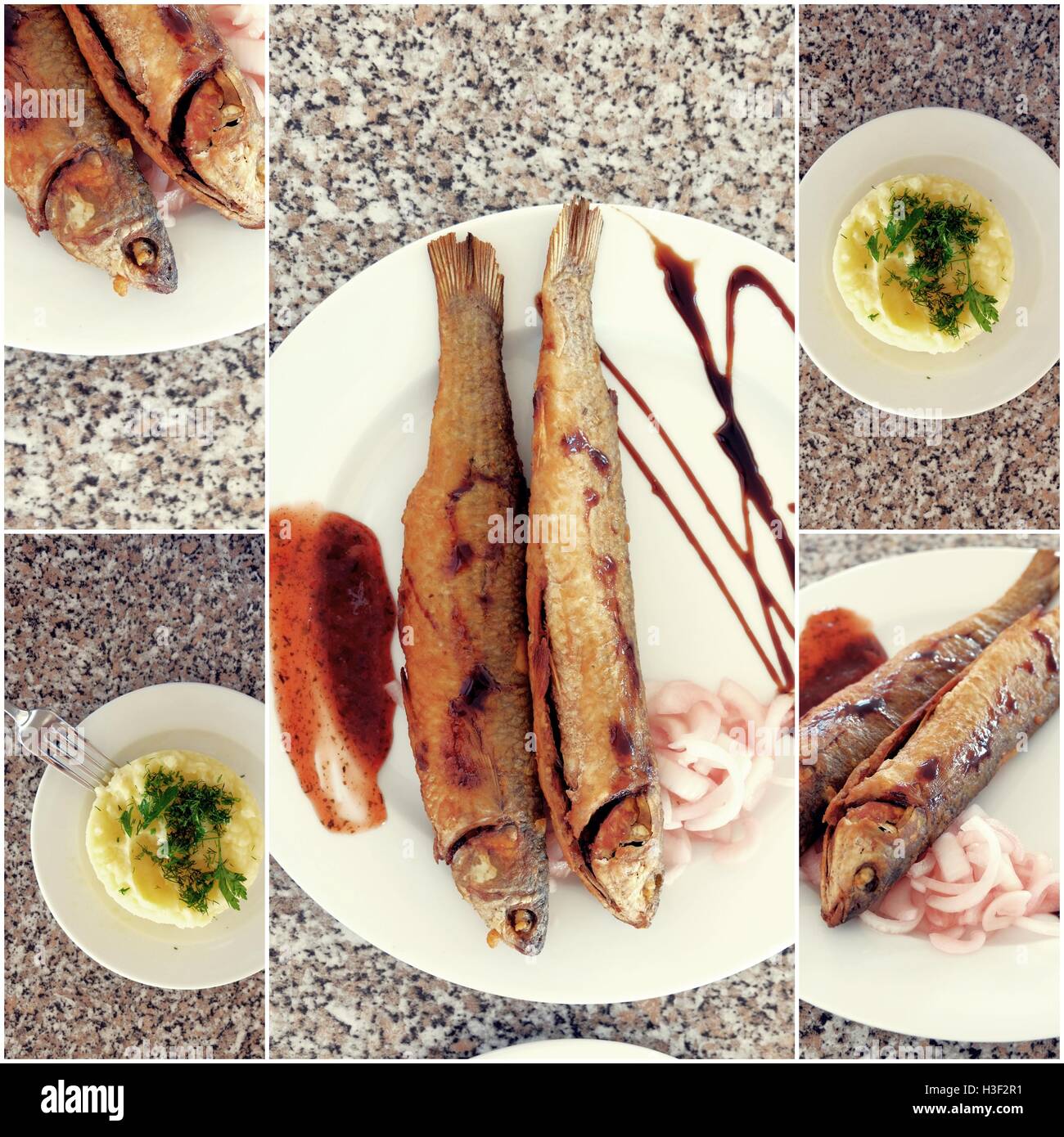 Collection of fried Fish and puree on Table Photo Collage of Toned Images Stock Photo
