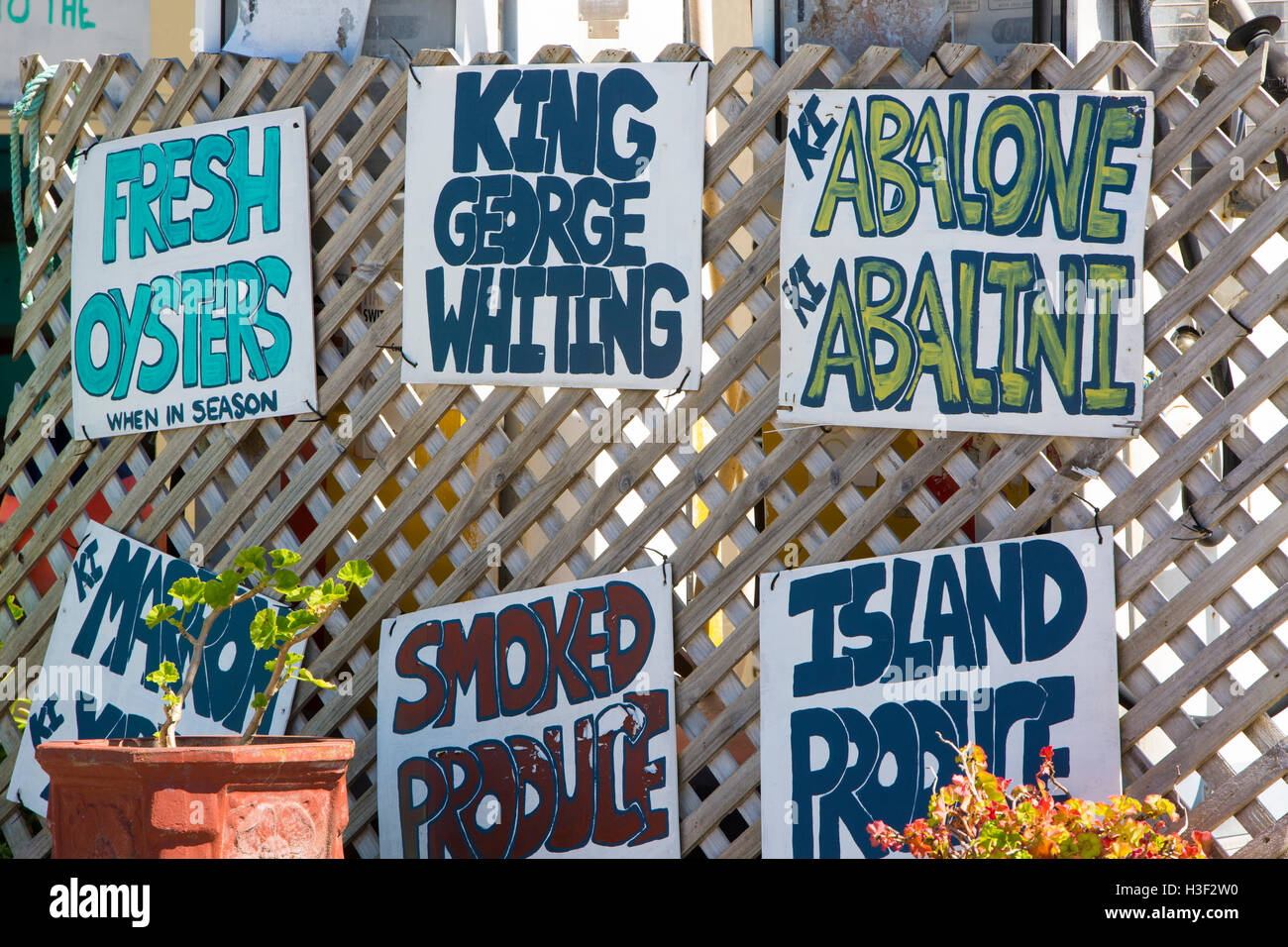 signs for fresh seafood and oysters in American river, small town on Kangaroo Island,South Australia Stock Photo