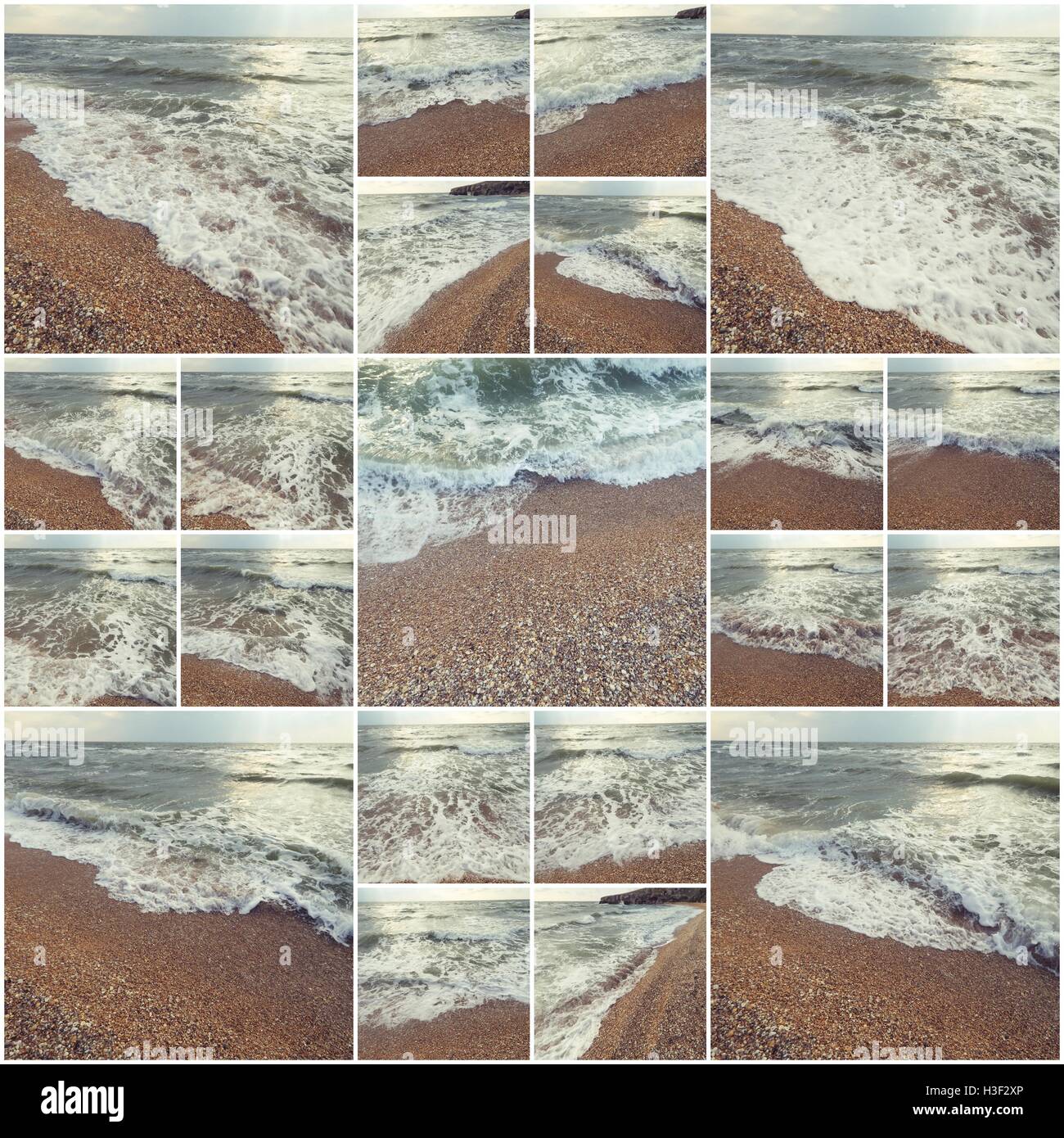 Waves Of Ocean On Sandy Beach. Background. Selective focus. Collage of many photos colorized instagram style Stock Photo