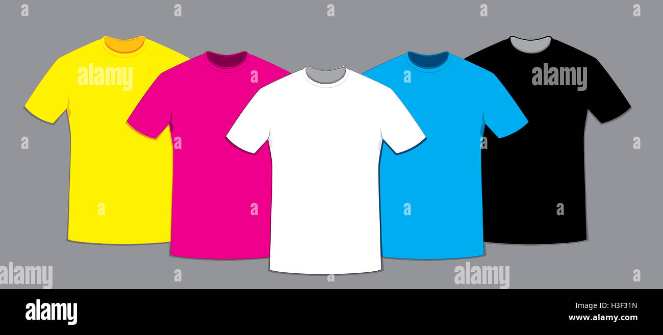 a vector cartoon representing a group of blank t-shirts templates in different colors: white, black, cyan, yellow and light blue Stock Photo