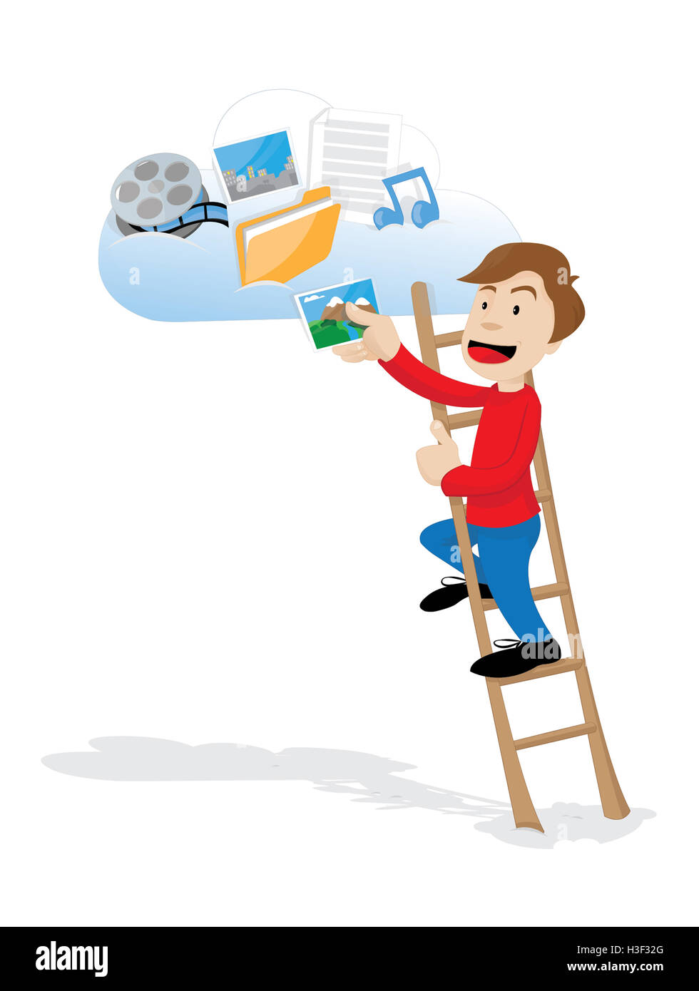 a vector cartoon representing a funny man uploading some photos on a cloud hosting storage Stock Photo