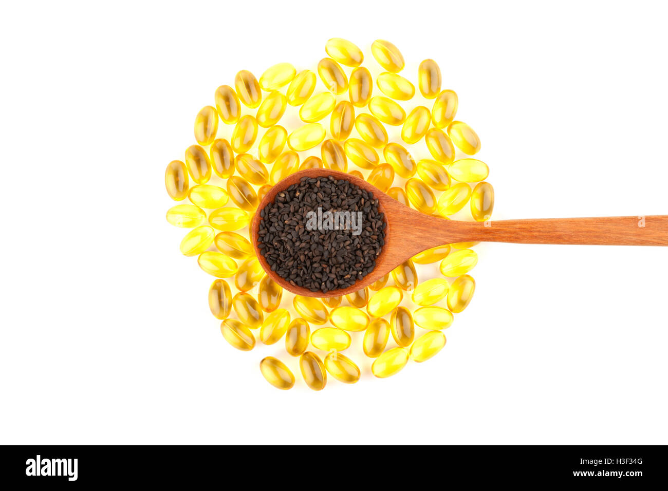 Black sesame seeds oil capsule isolated ingredient grain hires stock