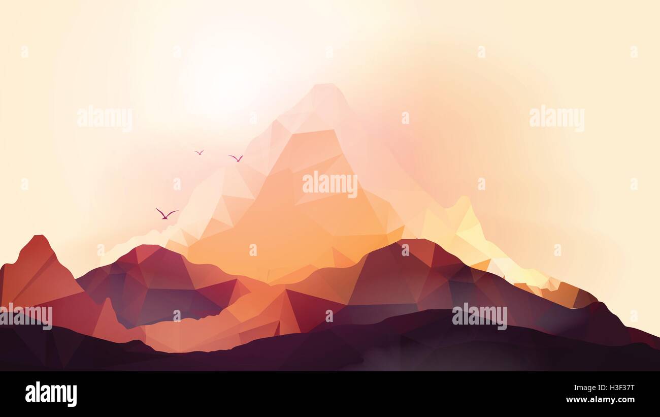 Geometric Mountain and Sunset Background - Vector Illustration Stock Vector