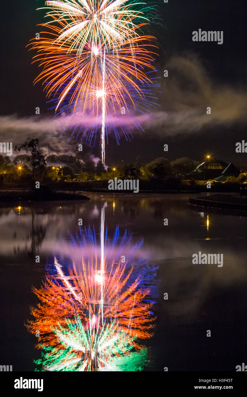 Fireworks Reflected in Water at Rose of Tralee Festival in County Kerry, Ireland Stock Photo