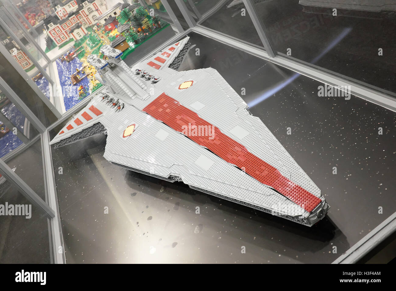 Starfighter made of Lego blocks on exhibition in Rzeszow, Poland Stock Photo