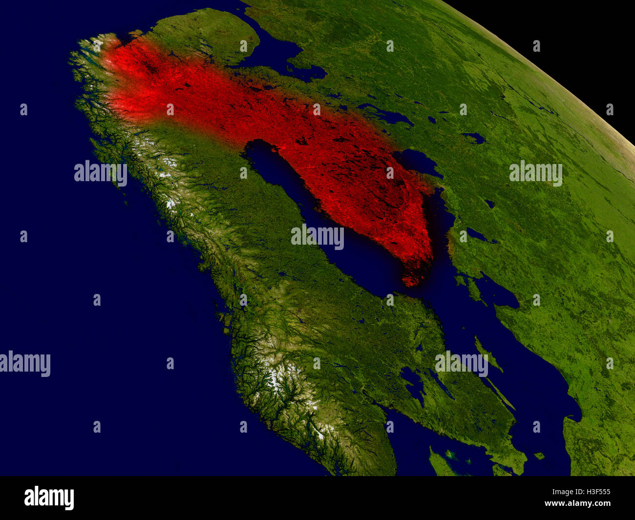 Finland from space in red. 3D illustration with highly detailed realistic planet surface. Elements of this image furnished by NA Stock Photo