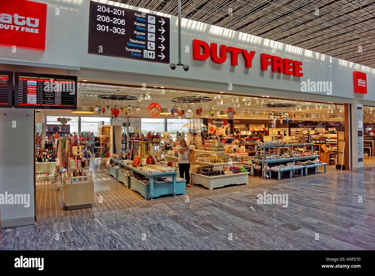 Duty Free shop at Bodrum, Milas Airport (BJV) International Terminal, opened 2013 at Mugla Province, Turkey. Stock Photo