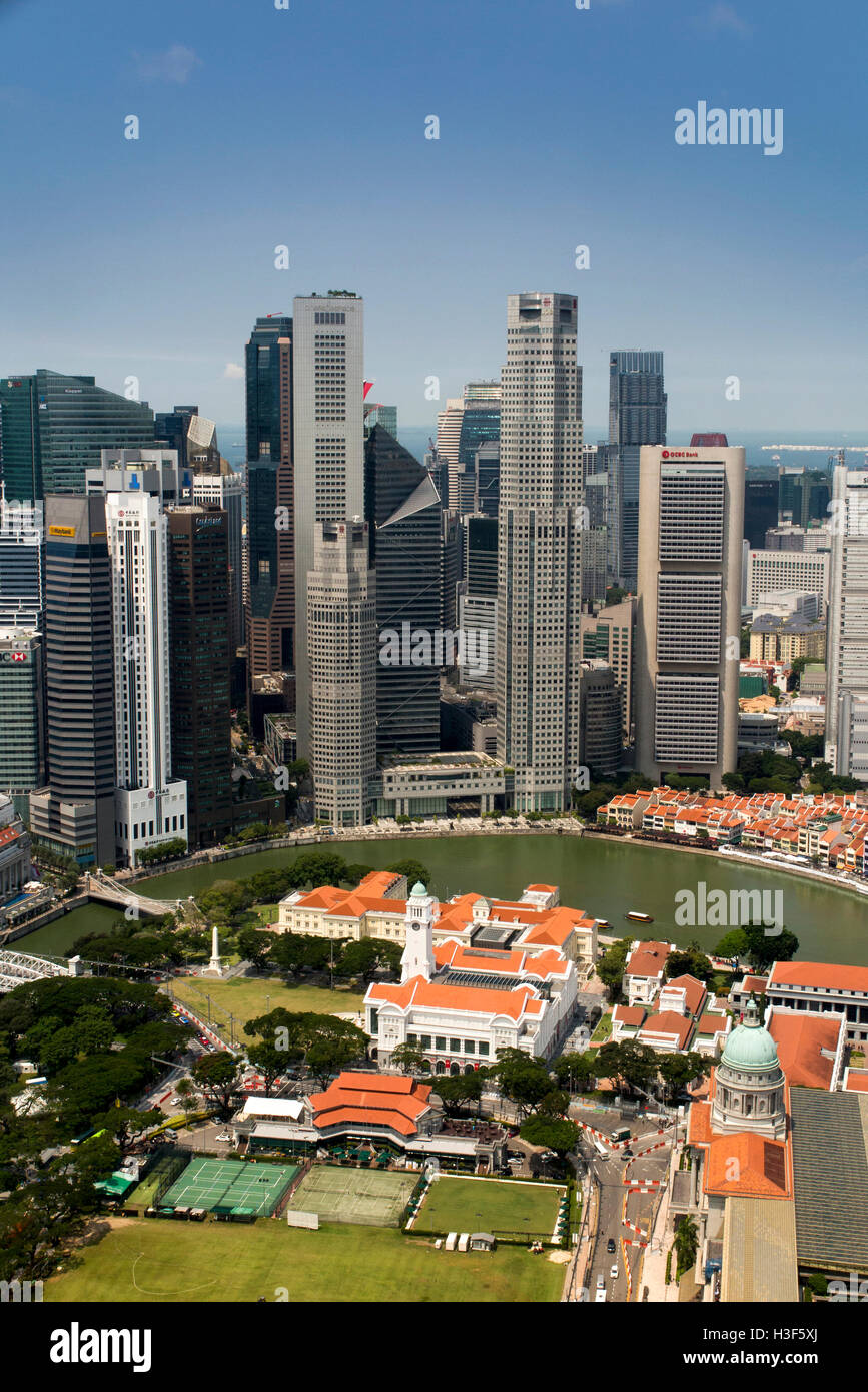 Singapore, Padang, River, Boat Quay and Business District, elevated view from Swissotel Equinox Resturant Stock Photo