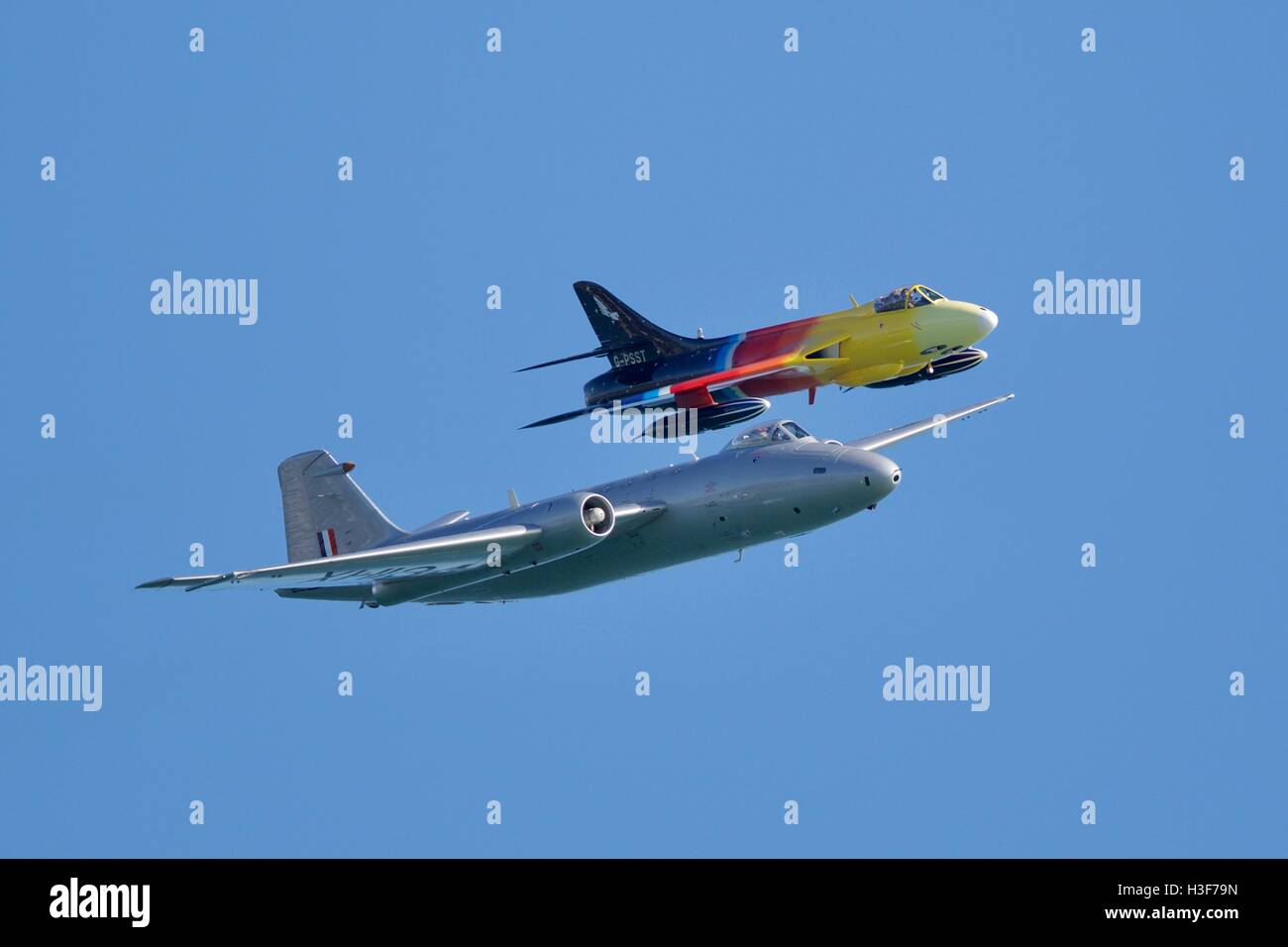 A Hawker Hunter flying with a Canberra at Bournemouth Air Festival