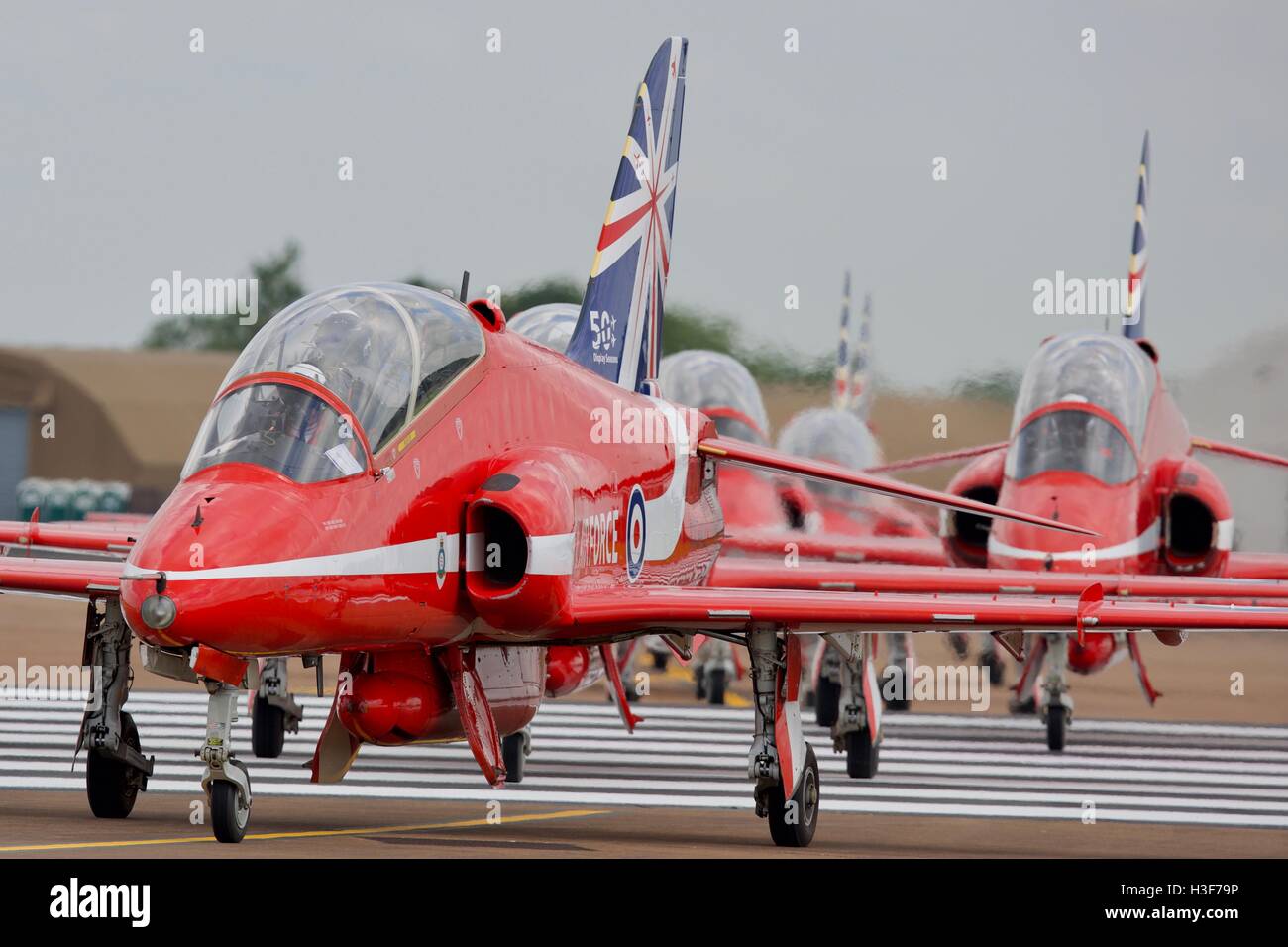 BAE Systems Hawk T1s of the Red Arrows on the runway at the Royal International Air Tattoo Stock Photo