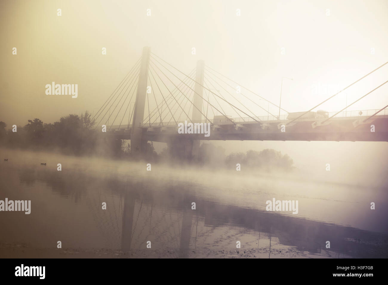 transport truck on a highway with fog and sunrise Stock Photo - Alamy