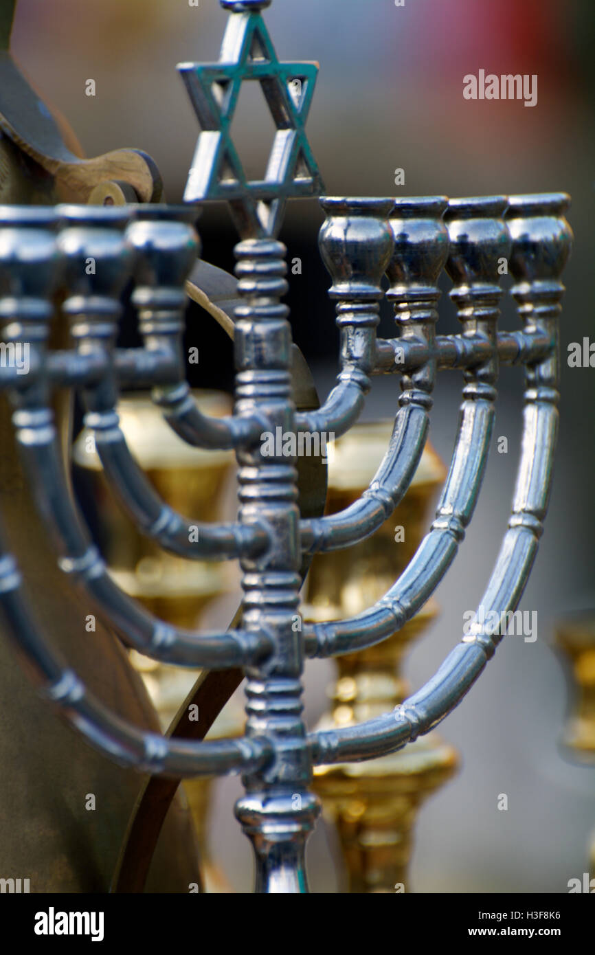 Close-Up of a Silvered Antique Jewish Star of David Candle Stick Holder at Hell's Kitchen Flea Market Manhattan NYC New York Stock Photo
