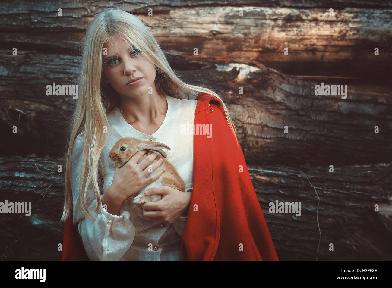 Beautiful blond woman hugging little funny rabbit. Animal friendship Stock Photo