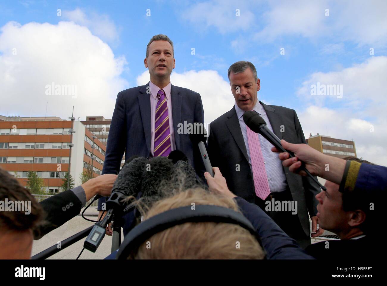 Nathan Gill (left), Ukip MEP for Wales accompanied by Ukip spokesman Hermann Kelly, speak to the media outside the Hopital De Hautepierre in Strasbourg, France, where Ukip MEP Steve Woolfe is recovering following an altercation with another colleague in the European Parliament yesterday. Stock Photo