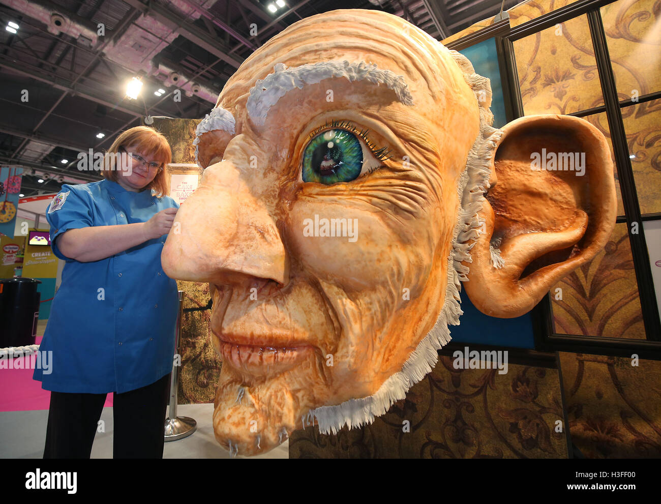 Sugar artist Jacqui Kelly puts the finishing touches to her sugar sculpture  of Roald Dahl's BGF before the start of the Cake and Bake Show at ExCeL in  London Stock Photo -