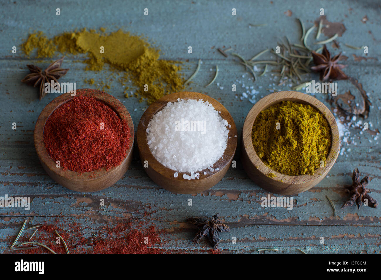 Spices. Herbs. Curry, salt, pepper Saffron, turmeric, tandori masala