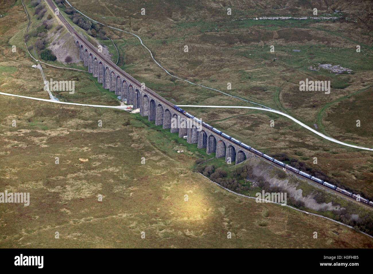 aerial view of the Ribblehead Viaduct for trains, a rail bridge in the Yorkshire Dales National Park, UK Stock Photo