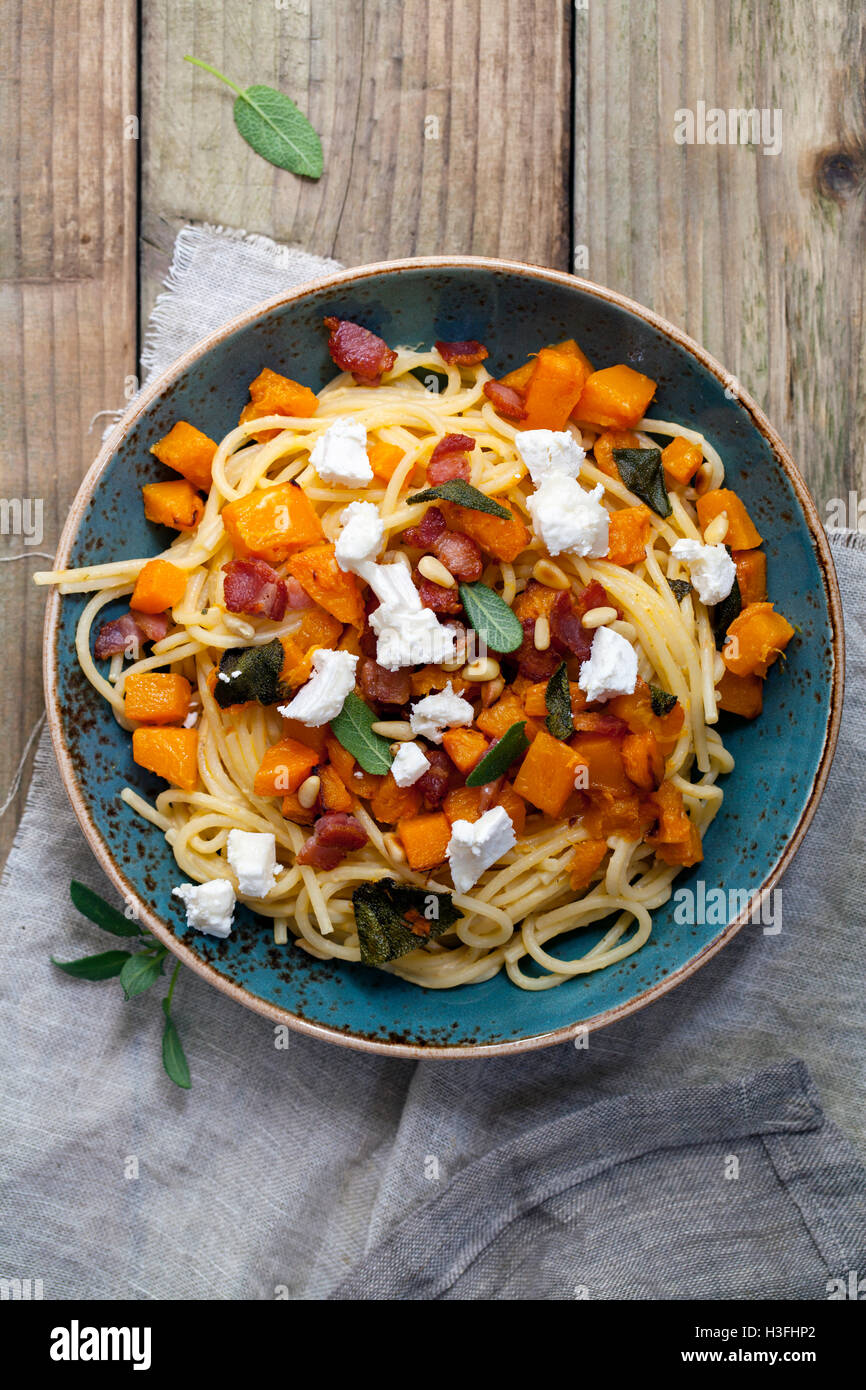 Spaghetti with roast butternut squash, bacon goat cheese and sage Stock