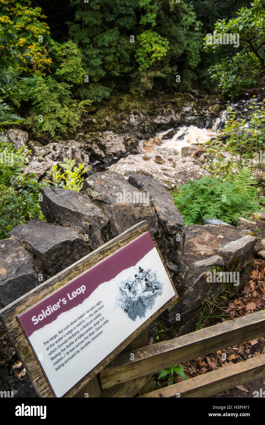 Information board at Soldier's Leap, historic spot along the River Garry at the Pass of Killiecrankie, Scotland, UK Stock Photo