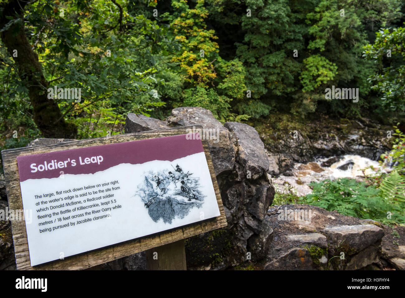 Information board at Soldier's Leap, historic spot along the River Garry at the Pass of Killiecrankie, Scotland, UK Stock Photo
