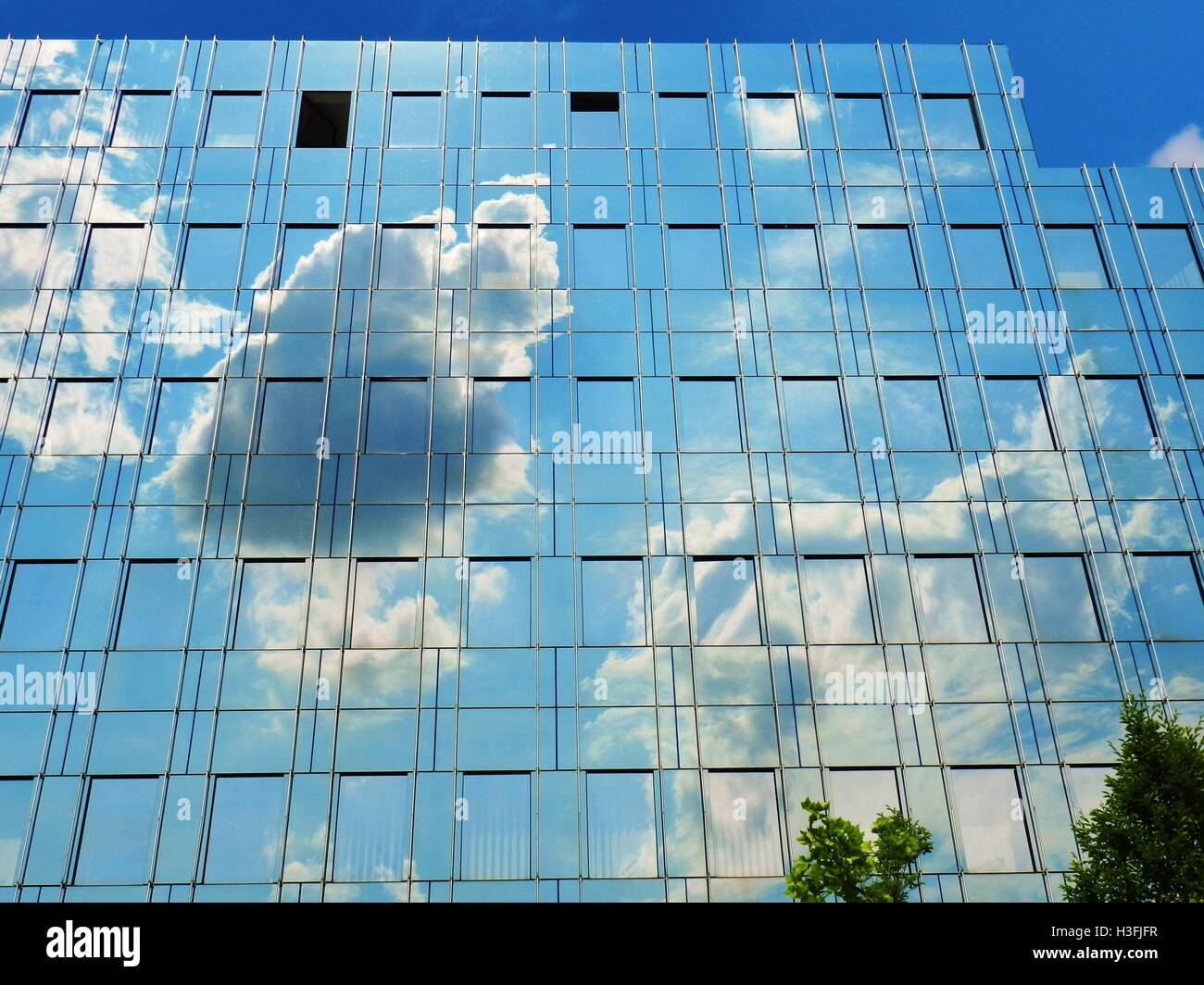 Detail of glass facade of modern office building with reflection of ...