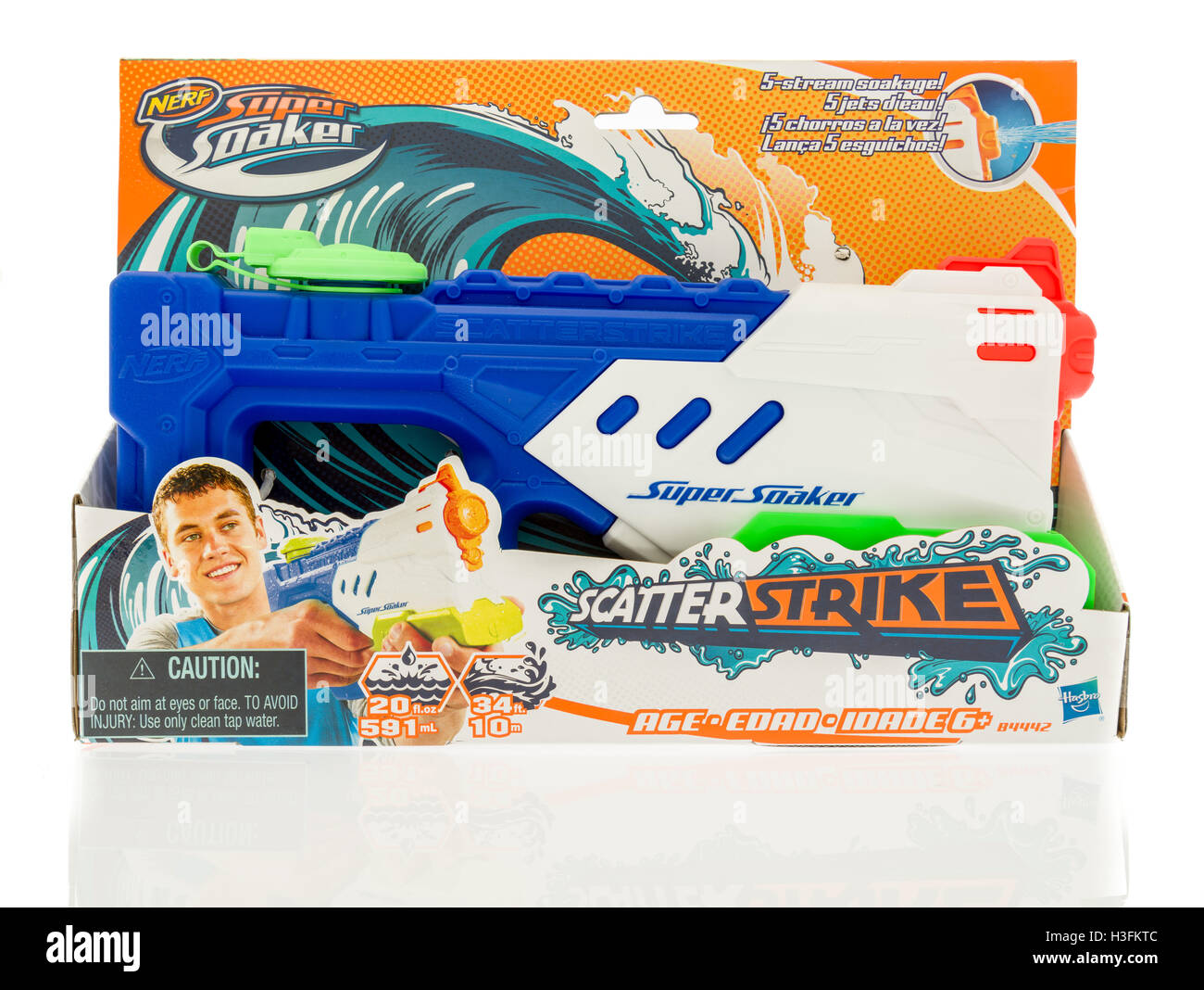 Winneconne, WI - 7 October 2016:  Package of a Nerf super soaker on an isolated background. Stock Photo