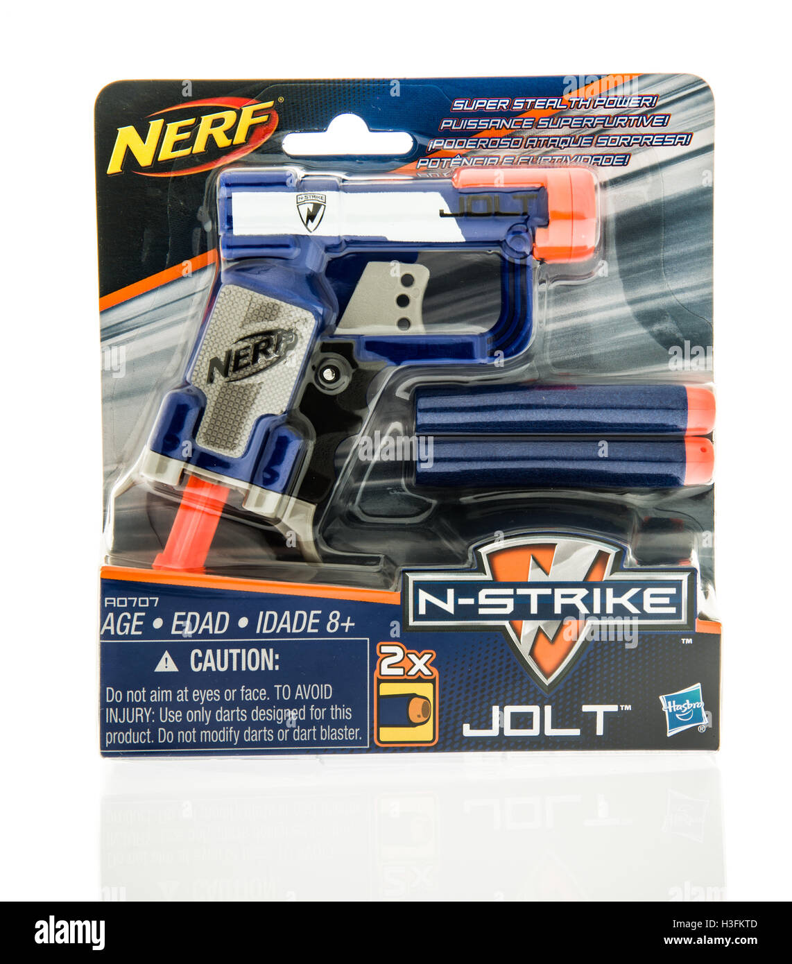 Winneconne, WI - 7 October 2016:  Package of a Nerf N-strike jolt blaster on an isolated background. Stock Photo