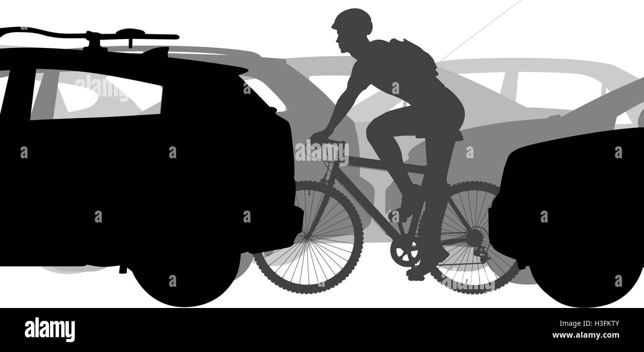 Editable vector silhouettes of a man cycling through heavy traffic Stock Vector