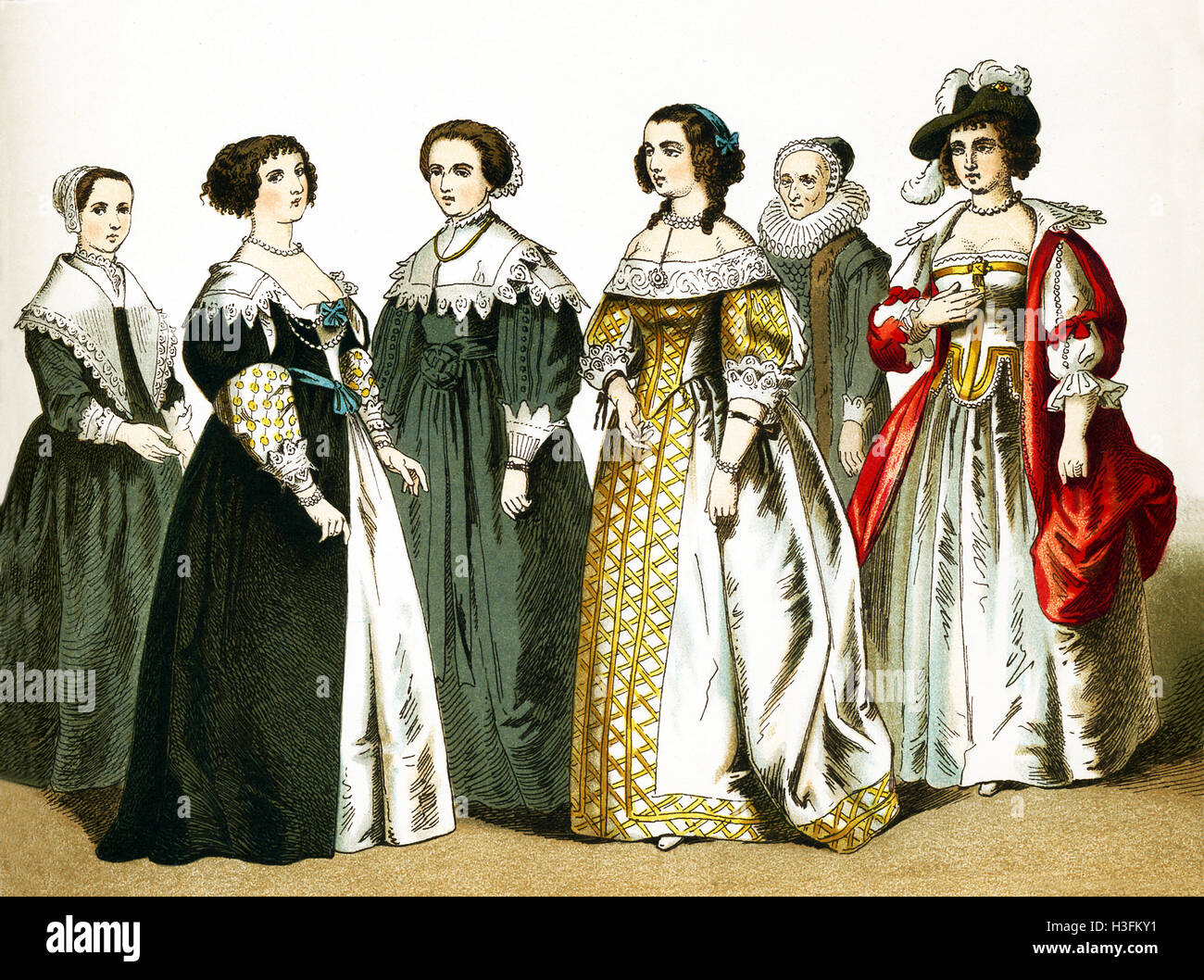 The figures illustrated here are women of various classes in the Netherlands in 1600. The illustration dates to 1882. Stock Photo