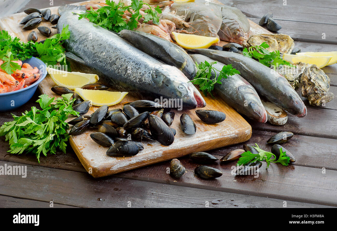 Seafood with fresh herbs. Healthy food Stock Photo Alamy