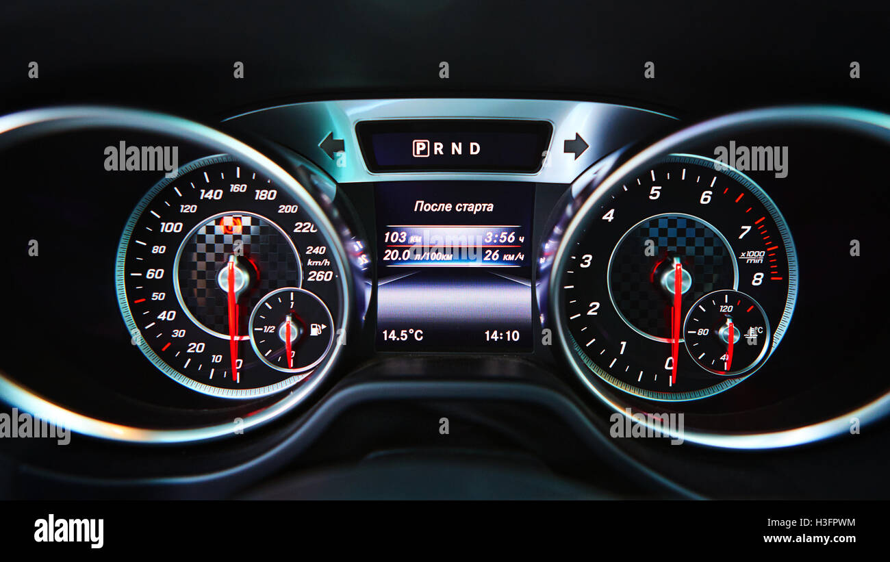 Modern car speedometer. Close up shot of the dashboard a car Stock