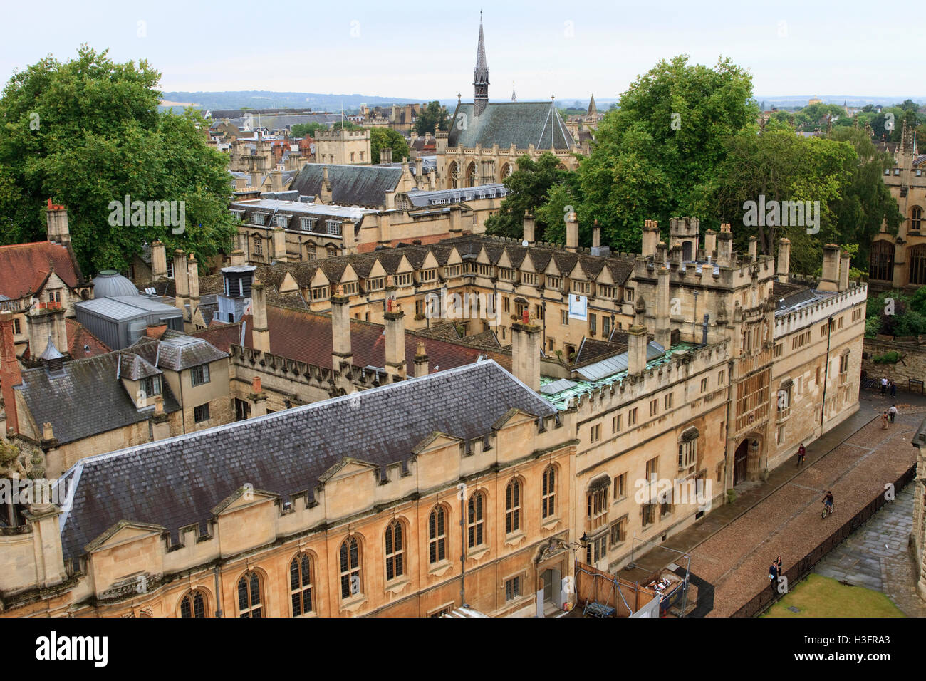 View from the University Church of St Mary the Virgin, Oxford, England, looking towards Exeter College. Stock Photo