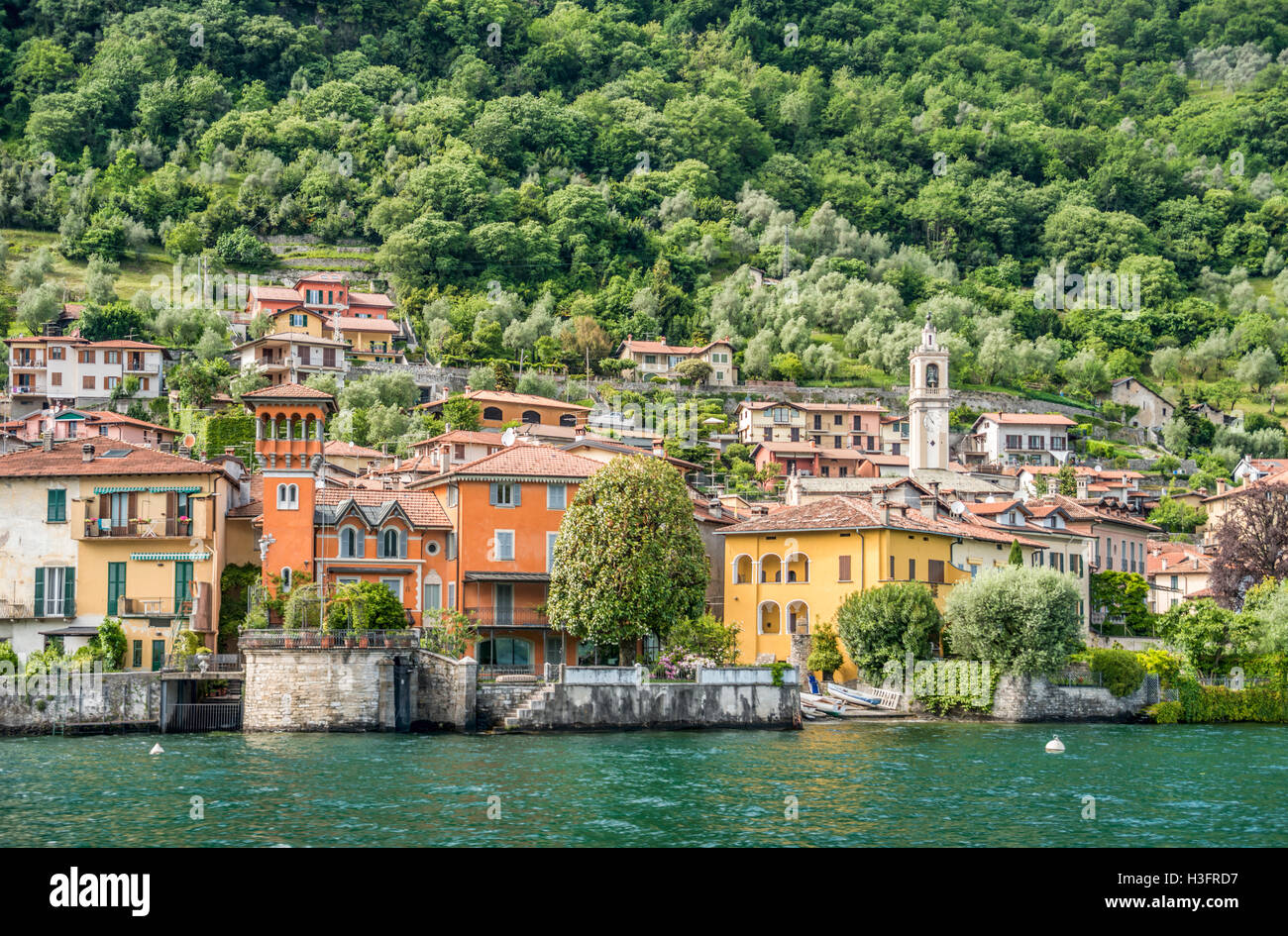 Lakefront of the village Ossucio at Lake Como seen from the lakeside, Lombardy, Italy Stock Photo