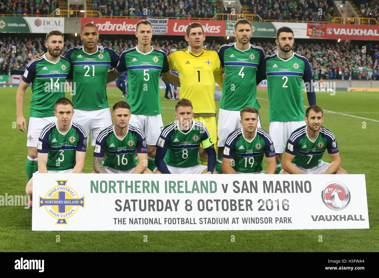 Northern Ireland team group (Top L - R) Stuart Dallas, Josh Magennis, Jonny Evans, Michael McGovern, Gareth McAuley, Conor McLaughlin (Bottom L - R) Shane Ferguson, Oliver Norwood, Steven Davis, Jamie Ward and Niall McGinn during the 2018 FIFA World Cup Qualifying match at Windsor Park, Belfast. Stock Photo