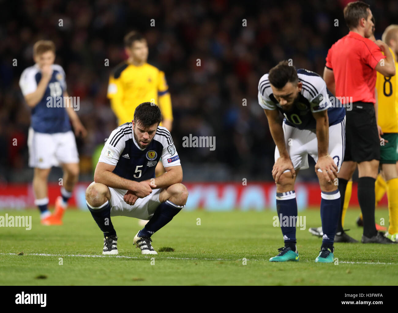 Scotland's Grant Hanley reacts after the final whistle during the 2018 FIFA World Cup Qualifying match at Hampden Park, Glasgow. PRESS ASSOCIATION Photo. Picture date: Saturday October 8, 2016. See PA story SOCCER Scotland. Photo credit should read: Owen Humphreys/PA Wire. Stock Photo