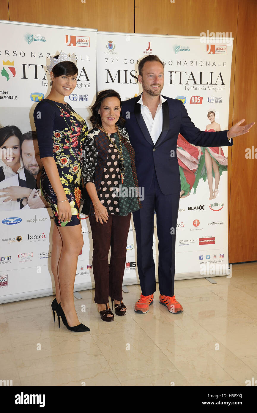 Alice Sabatini (left), Patrizia Mirigliani (centre) and DJ Francis attending the launch of the 77th Miss Italia beauty pageant, held at the Four Seasons Hotel in Milan, Italy.  Featuring: Alice Sabatini, Patrizia Mirigliani, Francesco Facchinetti, DJ Fran Stock Photo