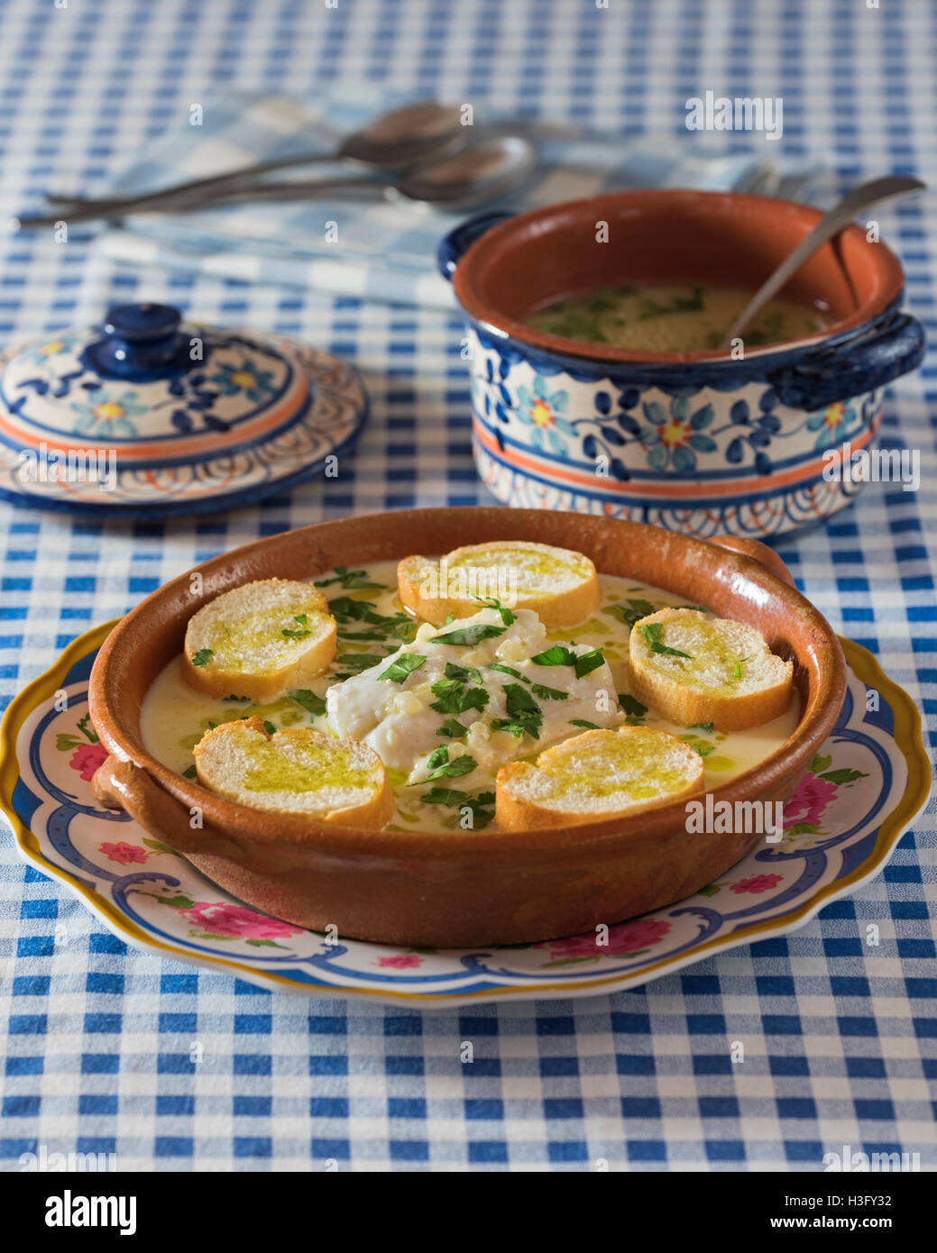 Sopa de peixe à Alentejana. Fish soup from Alentejo Portugal. Stock Photo