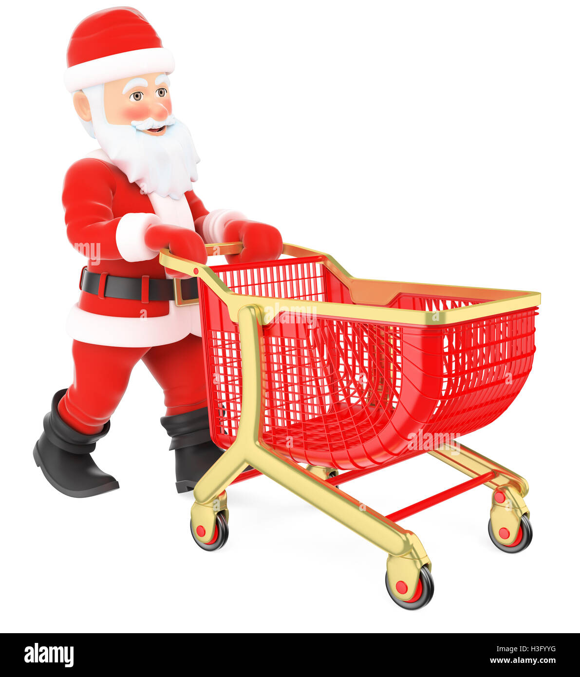 3d christmas people illustration. Santa Claus pushing a shopping cart. Isolated white background. Stock Photo
