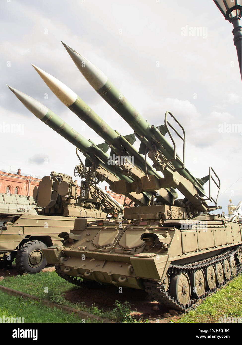 2P25 TEL with 3 3M9 missiles of the surface-to-air missile complex 2K12 «Kub», Artillery museum, Saint-Petersburg pic1 Stock Photo