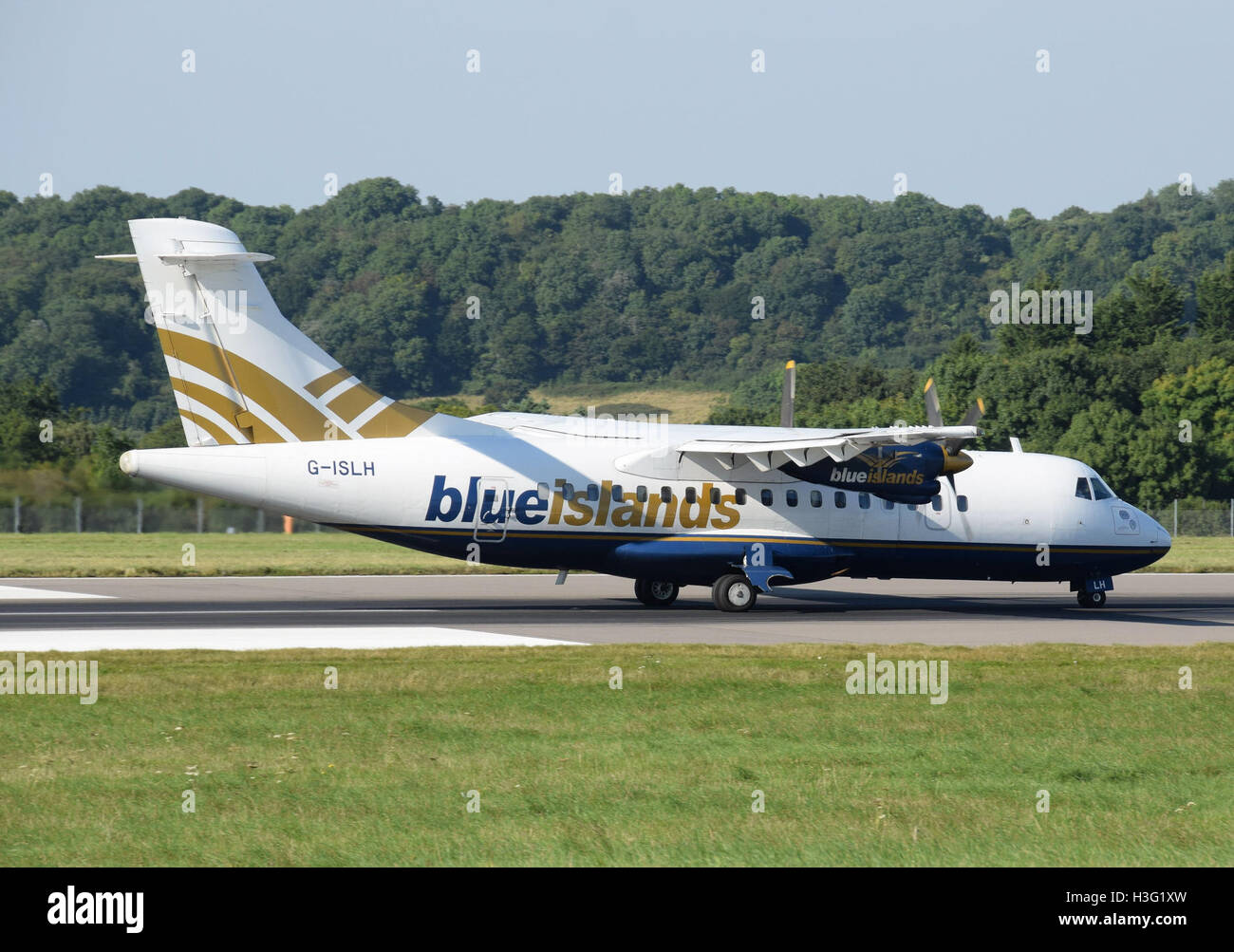 The ATR 42-320 (G-ISLH) is a twin-engine turboprop airliner operated by Blue Islands, seen here at Bristol Airport, England on August 15, 2016. The aircraft is used for regional flights, offering efficient short-haul travel across Europe. Stock Photo