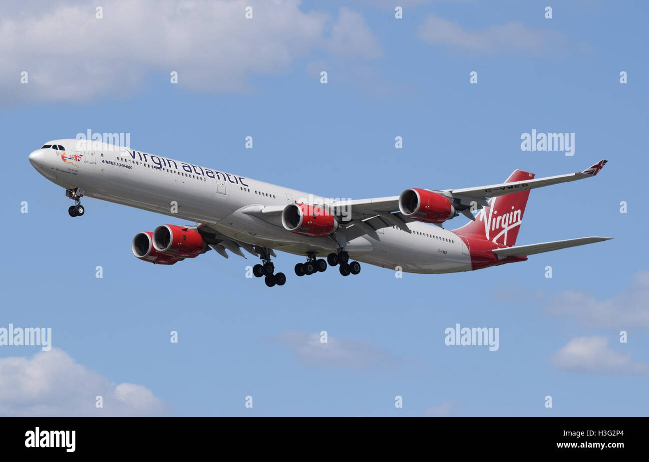 Virgin Atlantic Airbus A340-600 with registration G-VWEB arriving at London Heathrow Airport on June 7, 2015. The aircraft is part of Virgin Atlantic's long-haul fleet, used for international flights. Stock Photo
