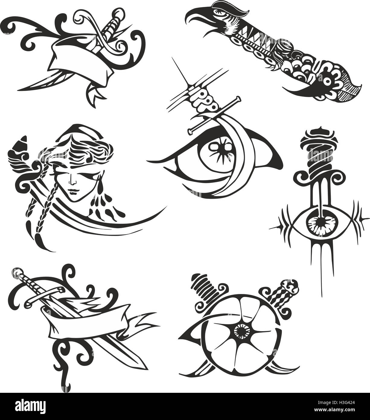 Set of black and white tribal tattoo stencils with blades. Tattoo set with swords, knives, daggers. Stock Photo