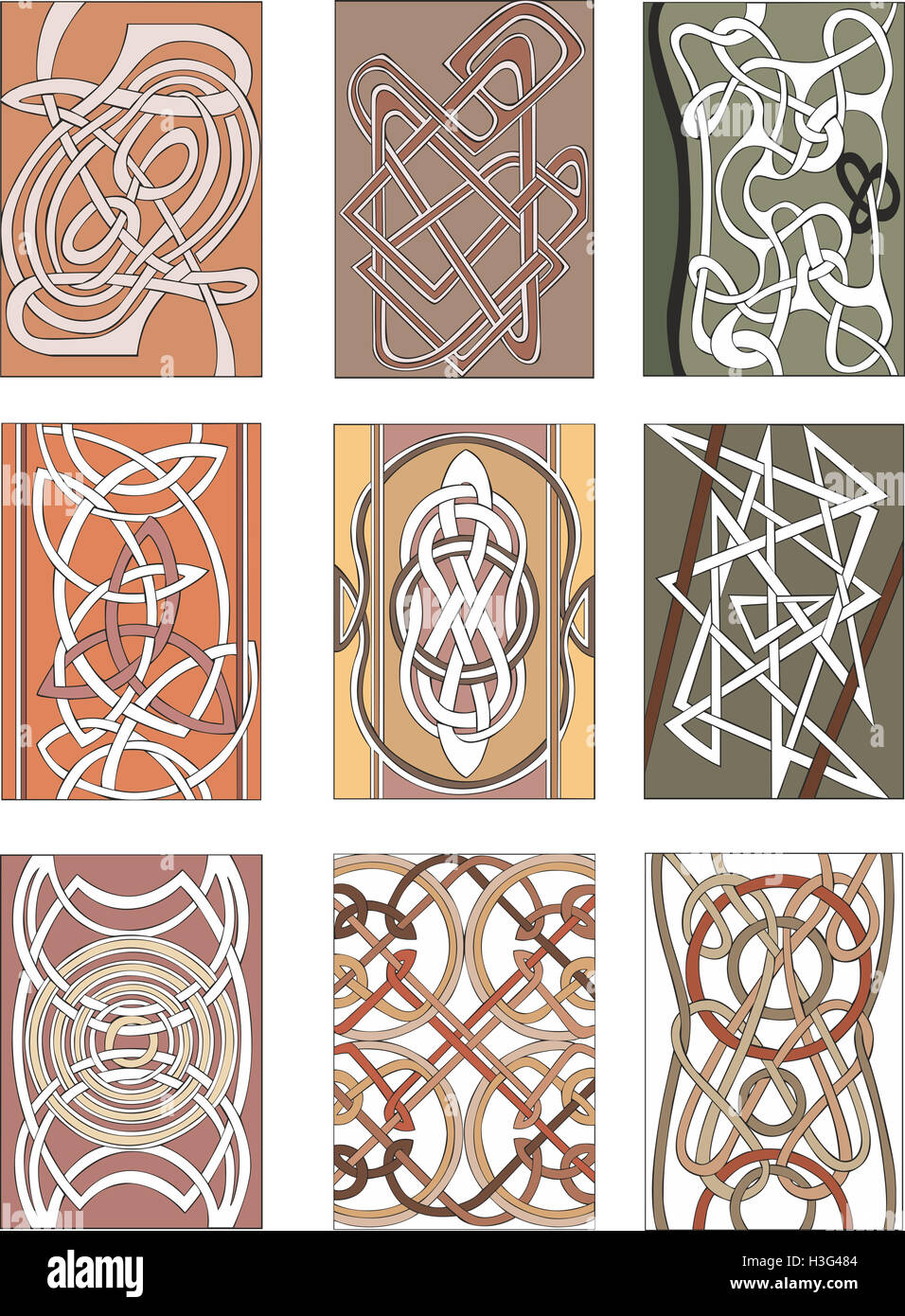 Set of nine vertical knot decorative patterns in miscellaneous artistic styles for illustrative purposes Stock Photo
