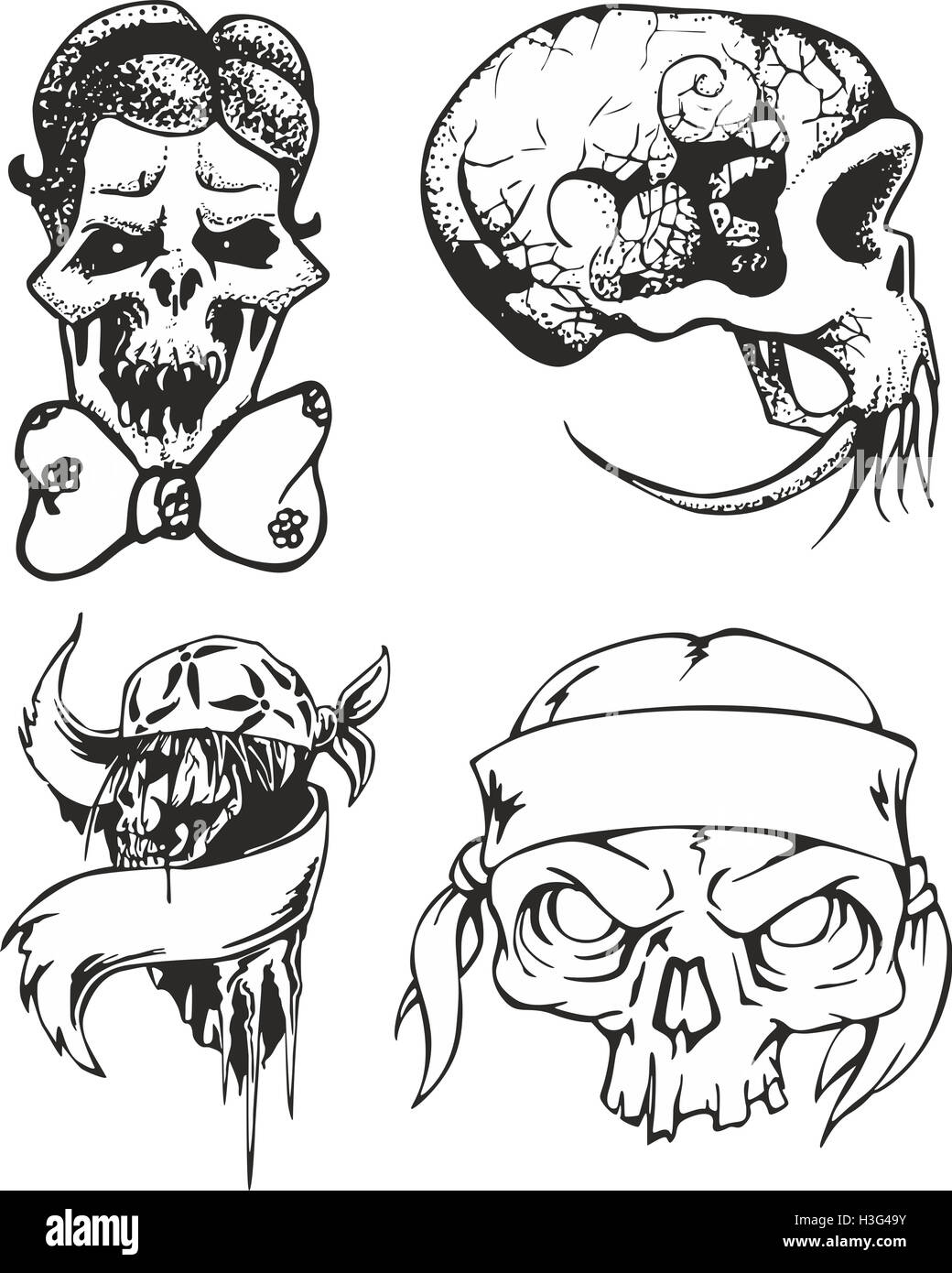 Set of fantasy tribal tattoo sketches with human skulls - joker, monster, pirate and ninja Stock Photo