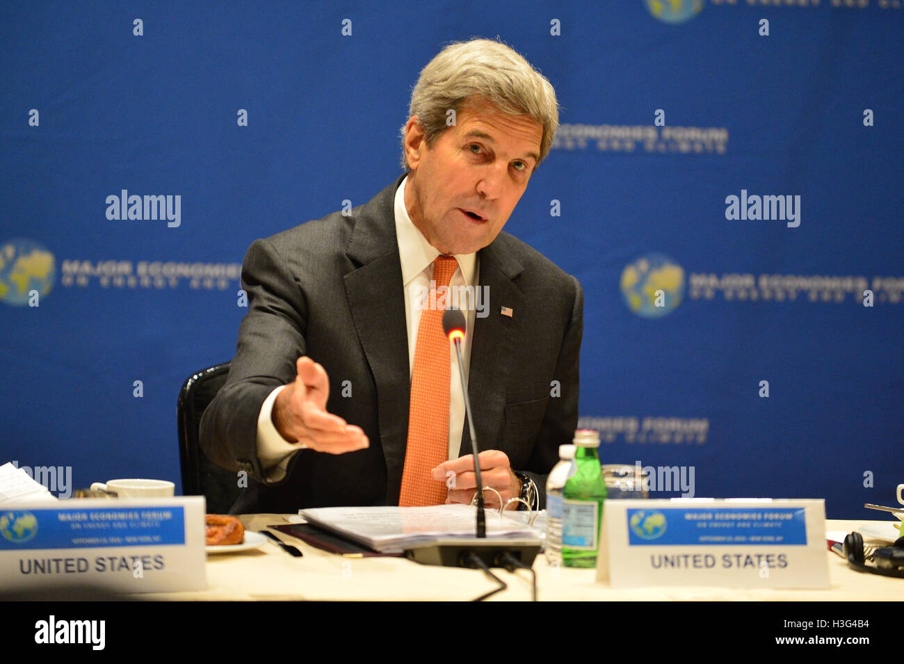U.S. Secretary of State John Kerry participates in the Major Economies Forum, at the Marriott New York East Side Hotel, in New York City, New York on September 23, 2016. Stock Photo
