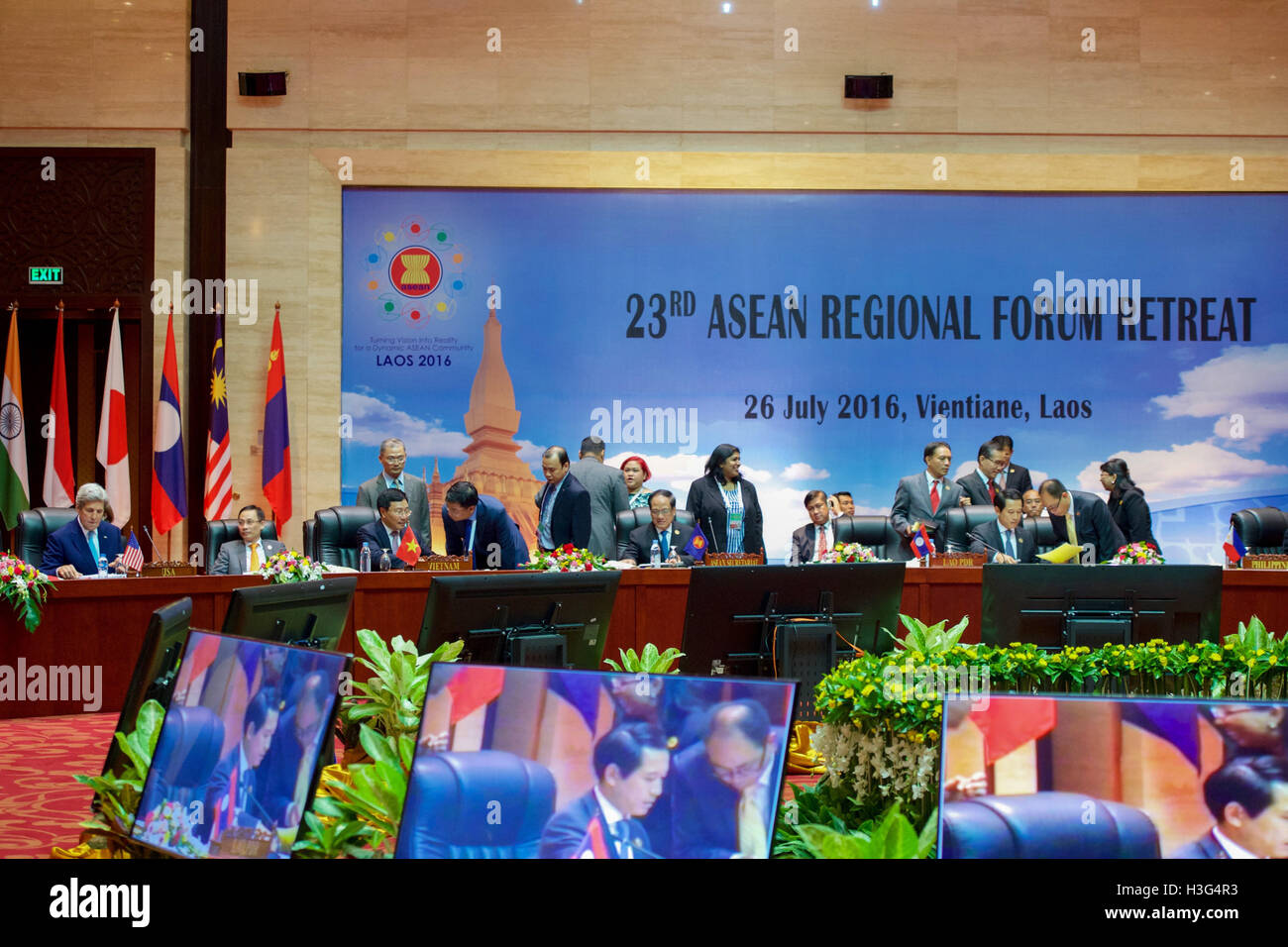 U.S. Secretary of State John Kerry sits with his fellow Foreign Ministers at the National Convention Center in Vientiane, Laos, on July 26, 2016, during a meeting of the ASEAN Regional Forum amid the annual meeting of the Association of Southeast Asian Nations (ASEAN). Stock Photo