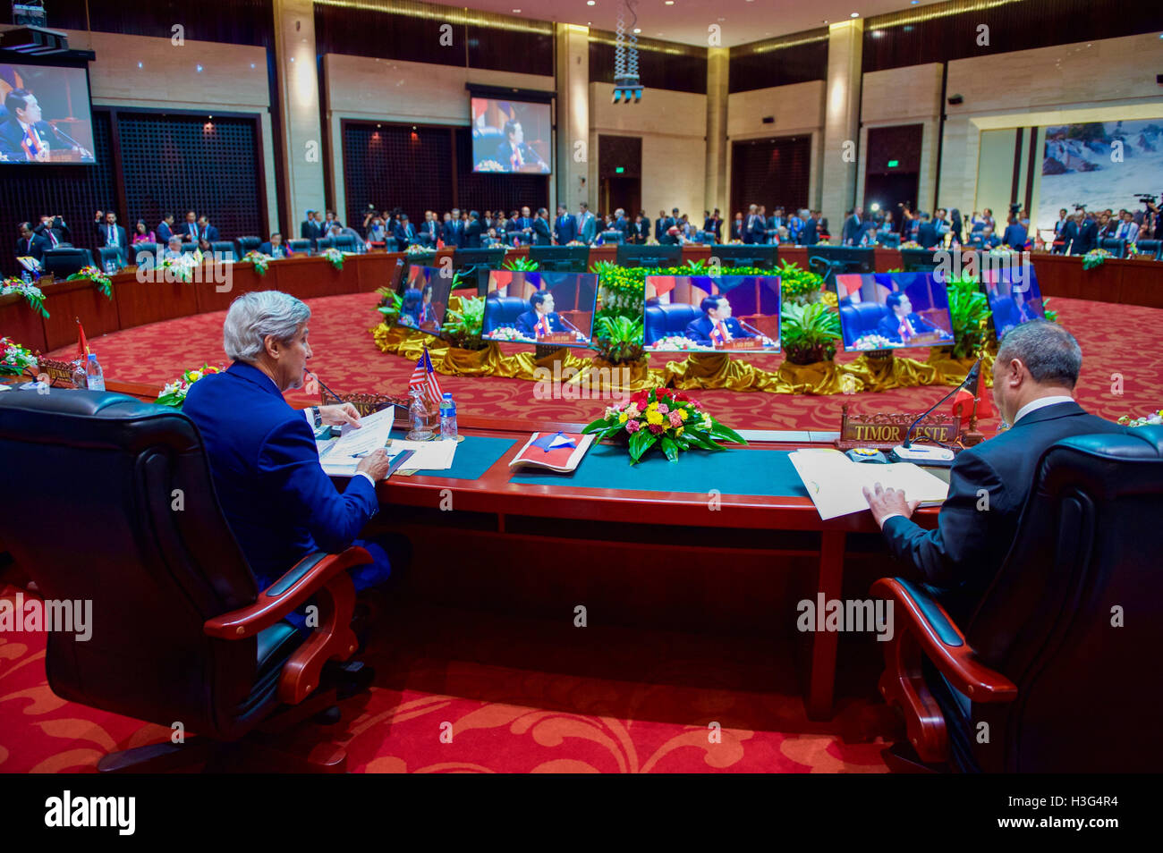 U.S. Secretary of State John Kerry sits with his fellow Foreign Ministers at the National Convention Center in Vientiane, Laos, on July 26, 2016, during a meeting of the ASEAN Regional Forum amid the annual meeting of the Association of Southeast Asian Nations (ASEAN). Stock Photo